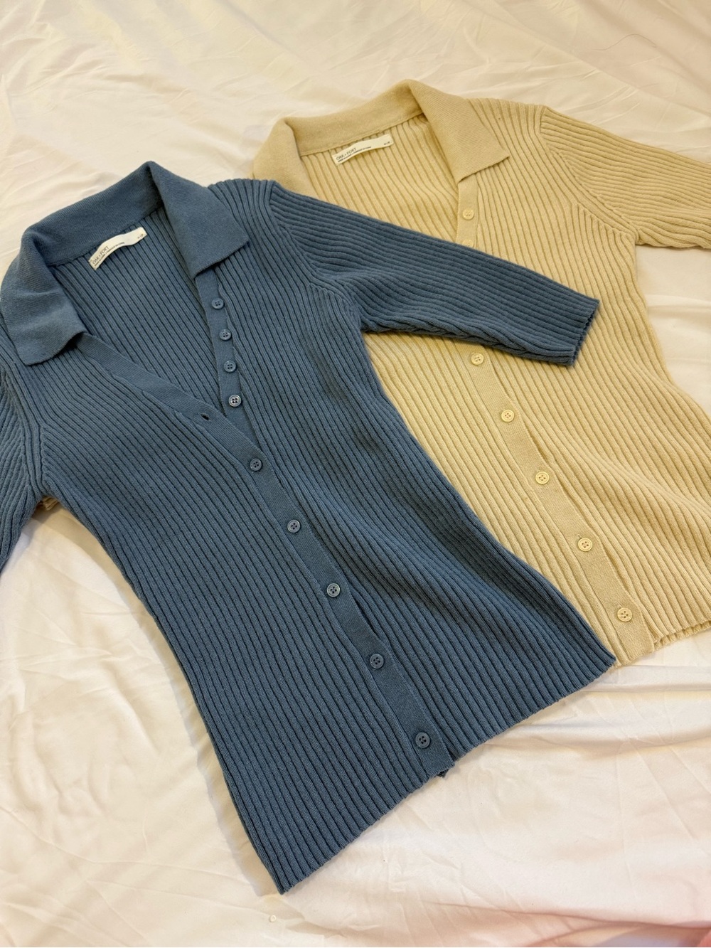 Set of 2 Oak + Fort Ribbed Knit Polo Cardigans Blue&Cream Size XS